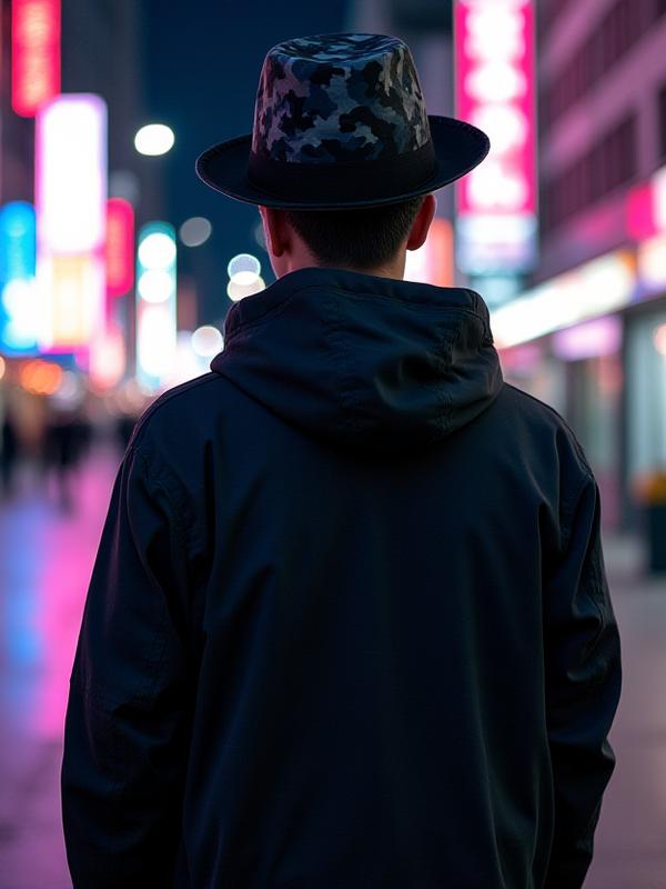 Streetwear model wearing seasonal camo fedora with modern techwear